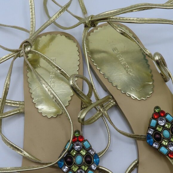 Express Womens 9 Lace Up Gladiator Flat Sandals Multicolor Rhinestone Gems Gold - Picture 7 of 9